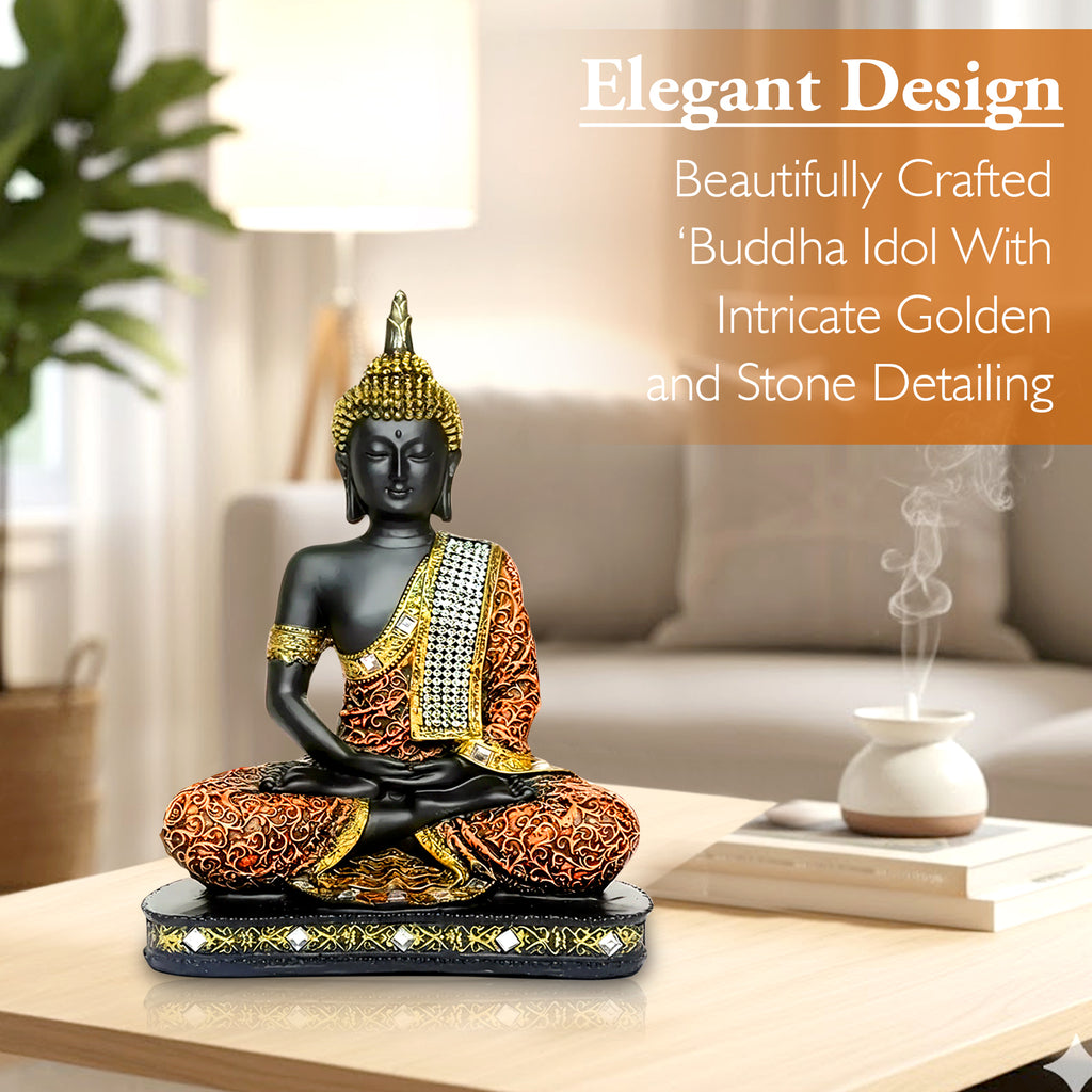 Meditating Buddha Statue for Home Decor | 25 cm Sitting Buddha Idol Showpiece for Living Room, Office & Gift | Orange & Black | Heavy Polyresin (1 Piece)