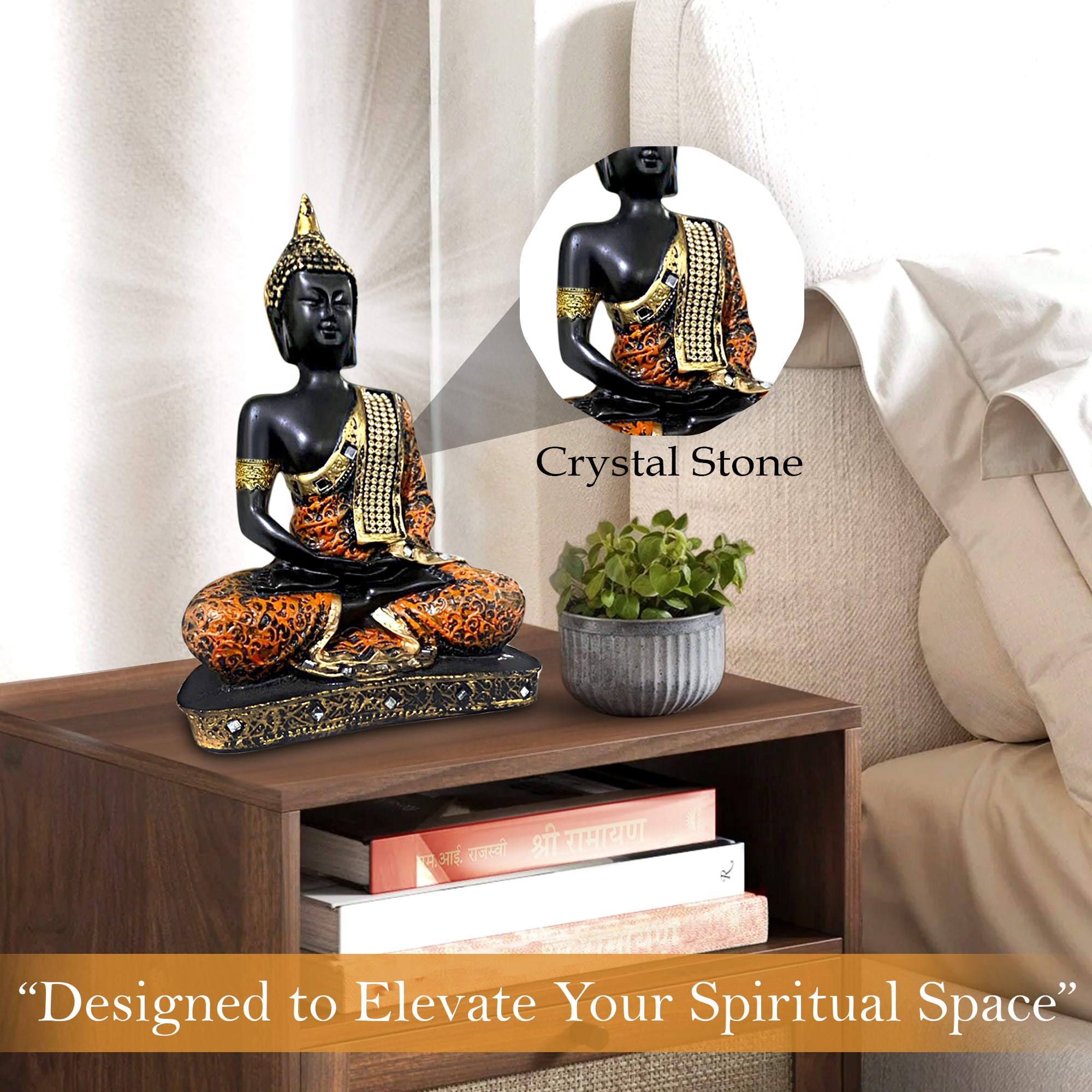Meditating Buddha Statue for Home Decor | 25 cm Sitting Buddha Idol Showpiece for Living Room, Office & Gift | Orange & Black | Heavy Polyresin (1 Piece)