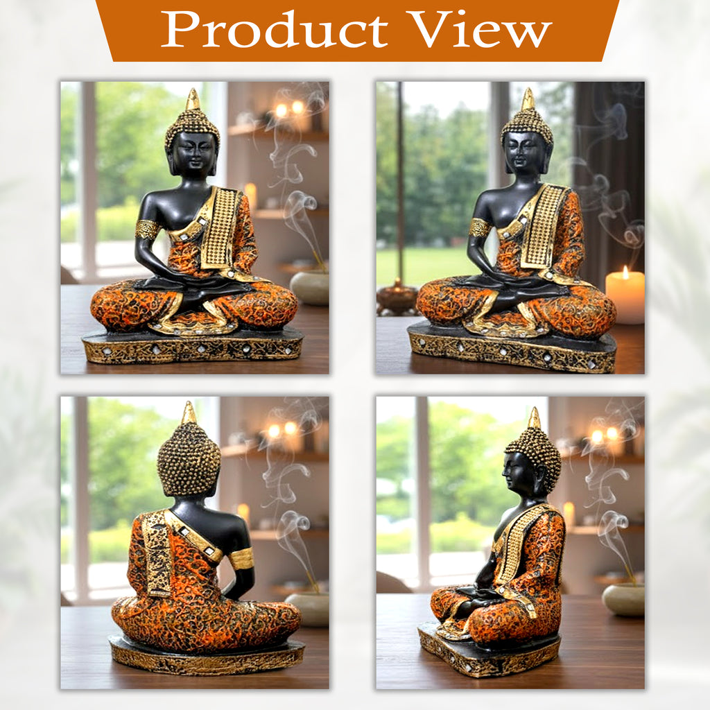 Meditating Buddha Statue for Home Decor | 25 cm Sitting Buddha Idol Showpiece for Living Room, Office & Gift | Orange & Black | Heavy Polyresin (1 Piece)