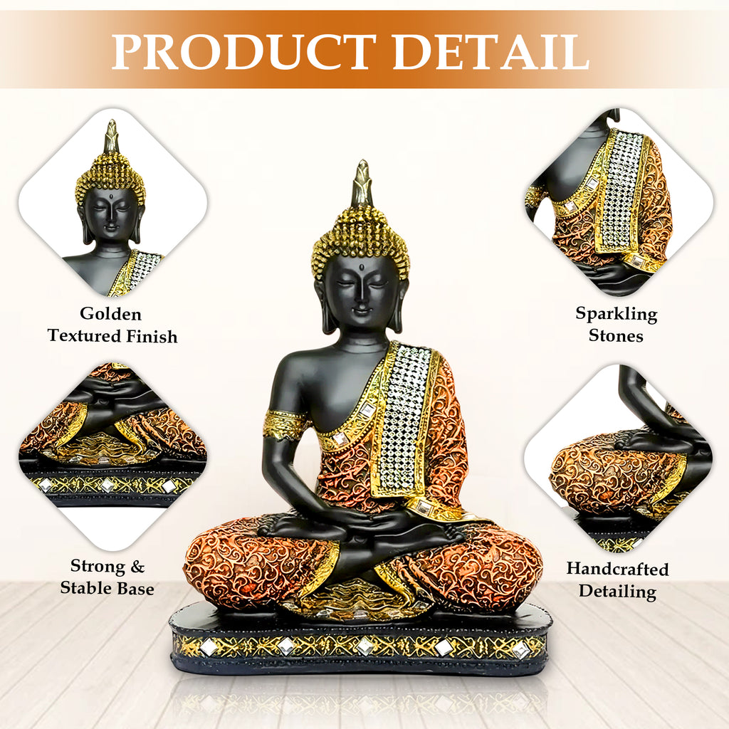 Meditating Buddha Statue for Home Decor | 25 cm Sitting Buddha Idol Showpiece for Living Room, Office & Gift | Orange & Black | Heavy Polyresin (1 Piece)