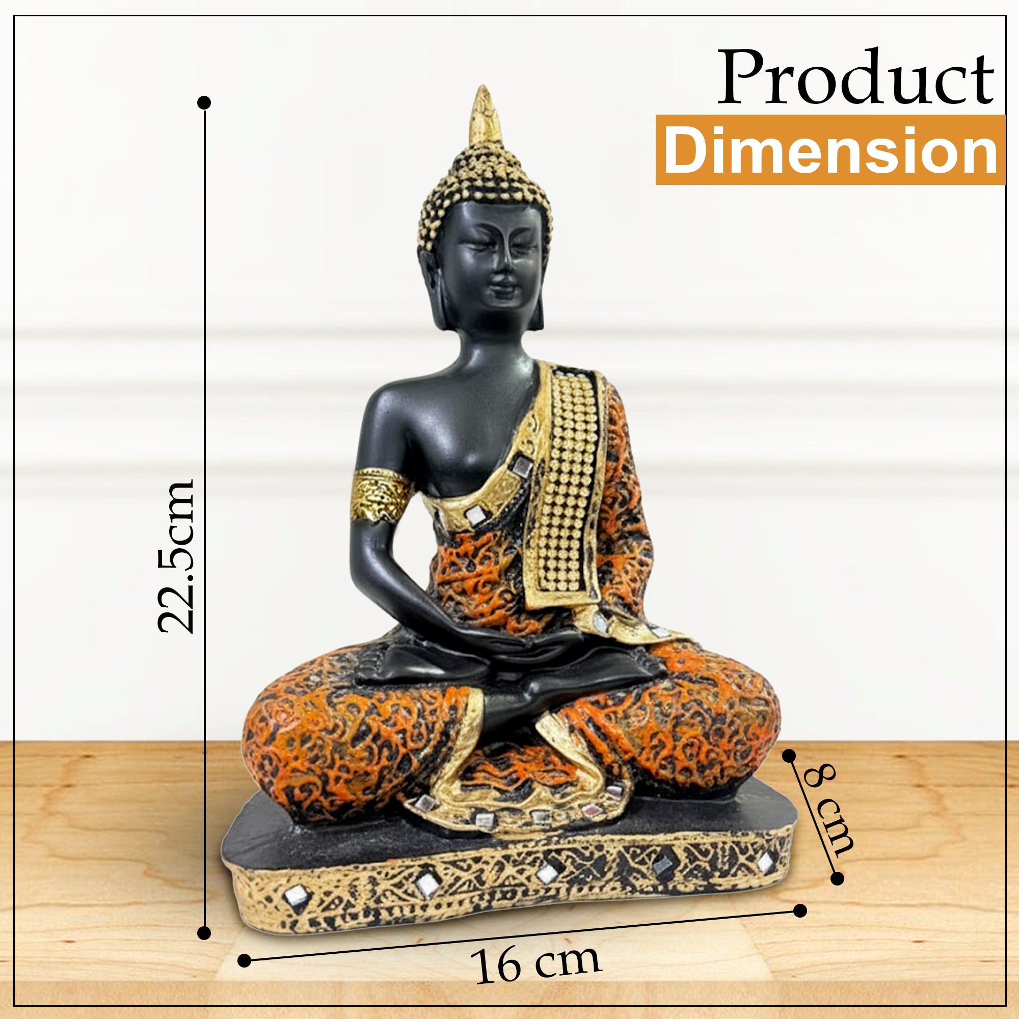 Meditating Buddha Statue for Home Decor | 25 cm Sitting Buddha Idol Showpiece for Living Room, Office & Gift | Orange & Black | Heavy Polyresin (1 Piece)