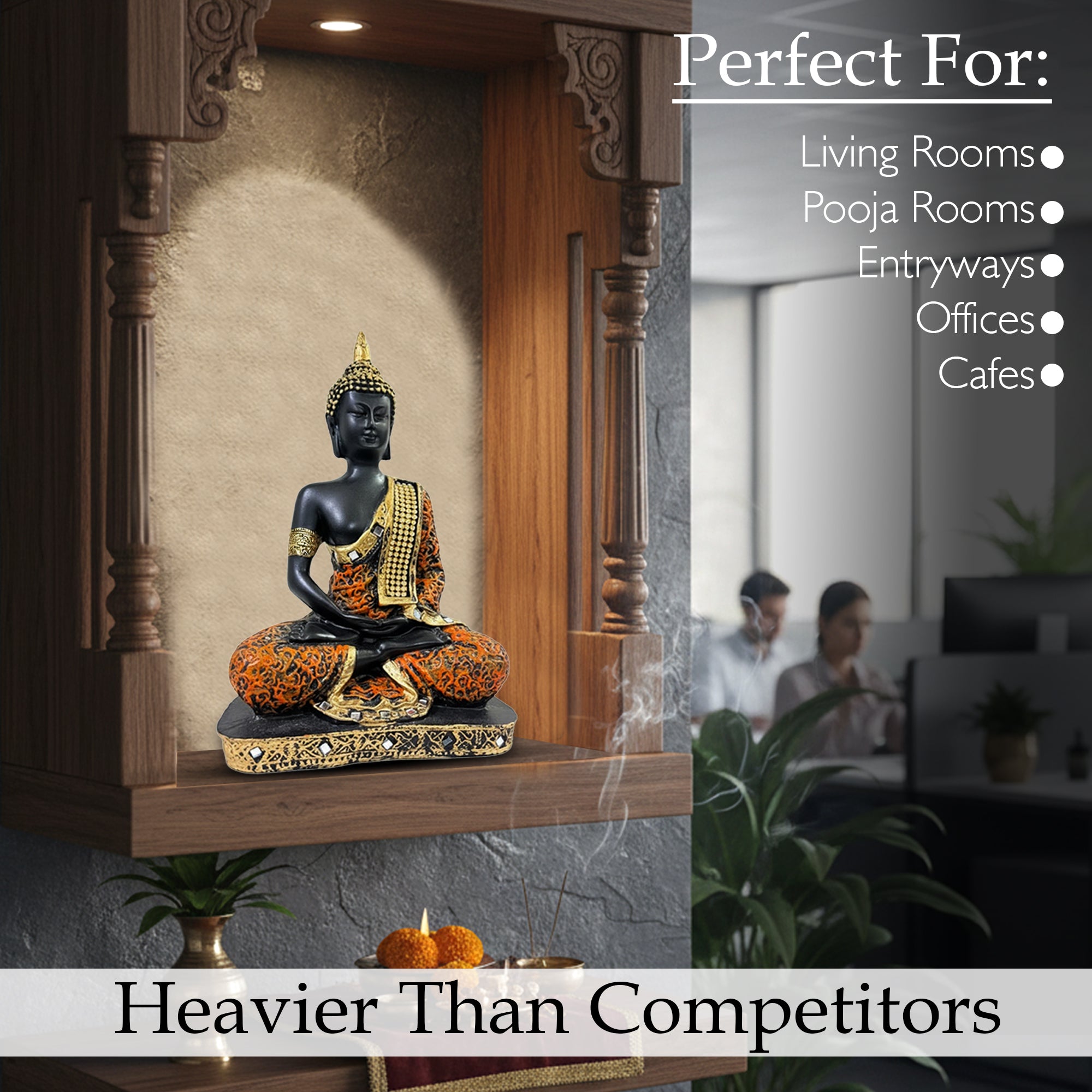 Meditating Buddha Statue for Home Decor | 25 cm Sitting Buddha Idol Showpiece for Living Room, Office & Gift | Orange & Black | Heavy Polyresin (1 Piece)