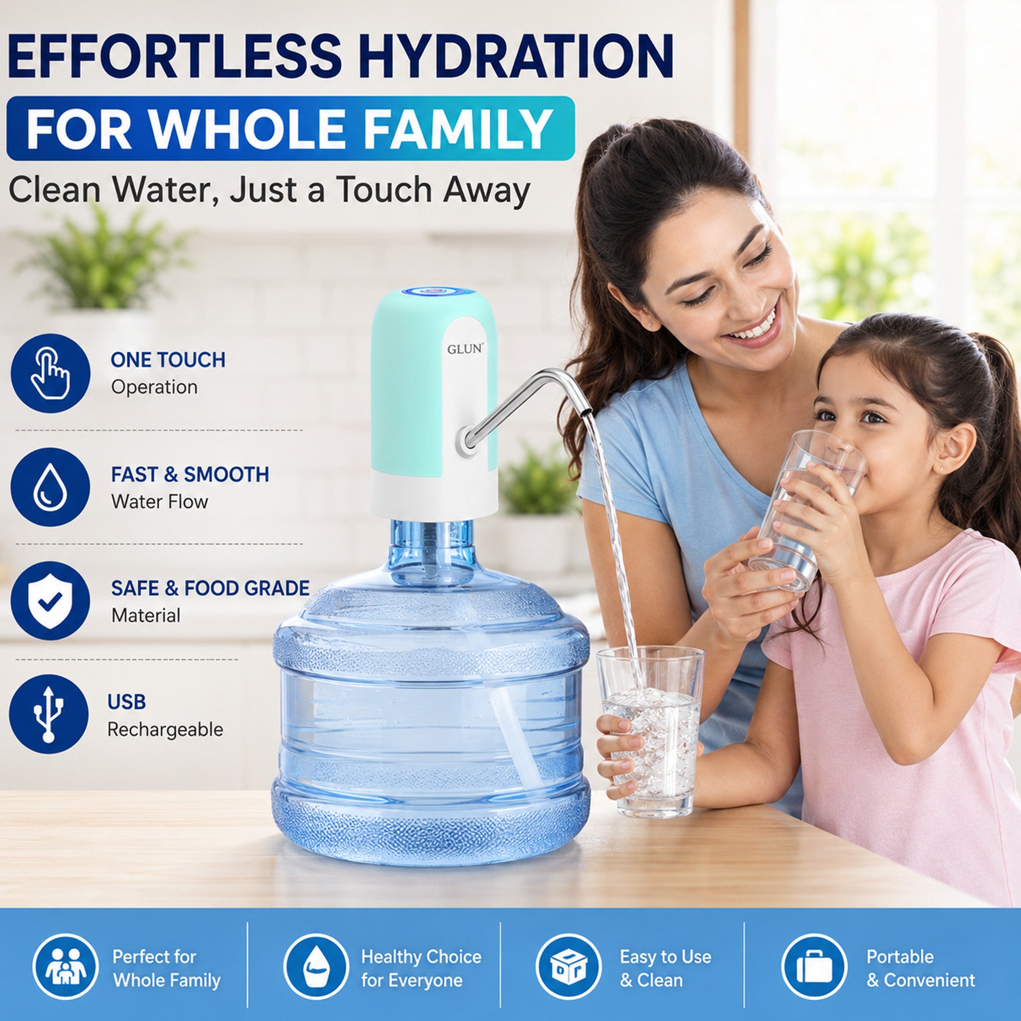 Rechargeable Water Dispenser Pump, Automatic Water Bottle Pump with Type-C USB Charging, Portable Electric Drinking Water Dispenser for 5 to 20 Litre Bottles