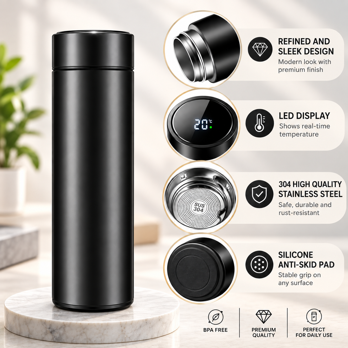 Smart Stainless Steel Water Bottle with LED Temperature Display