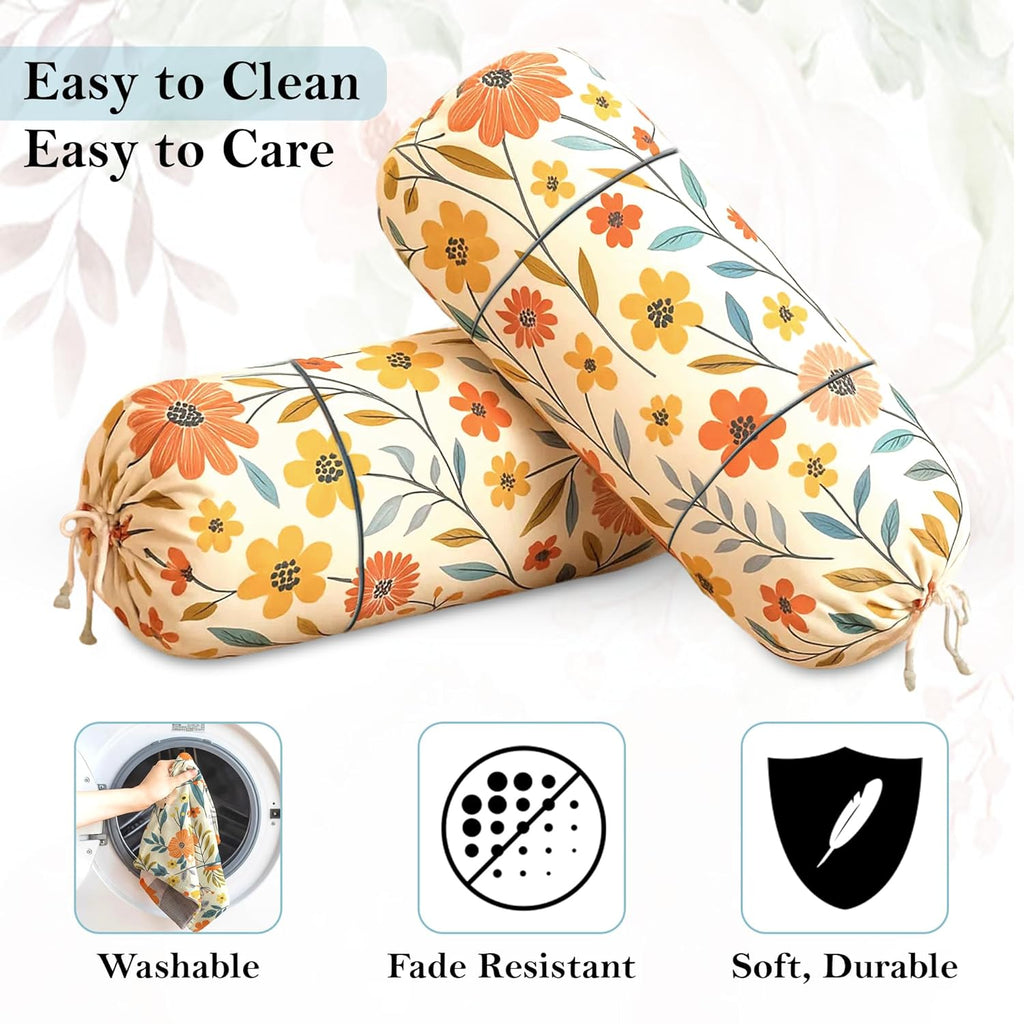 Flower Print Cotton Bolster Cover – Set of 2
