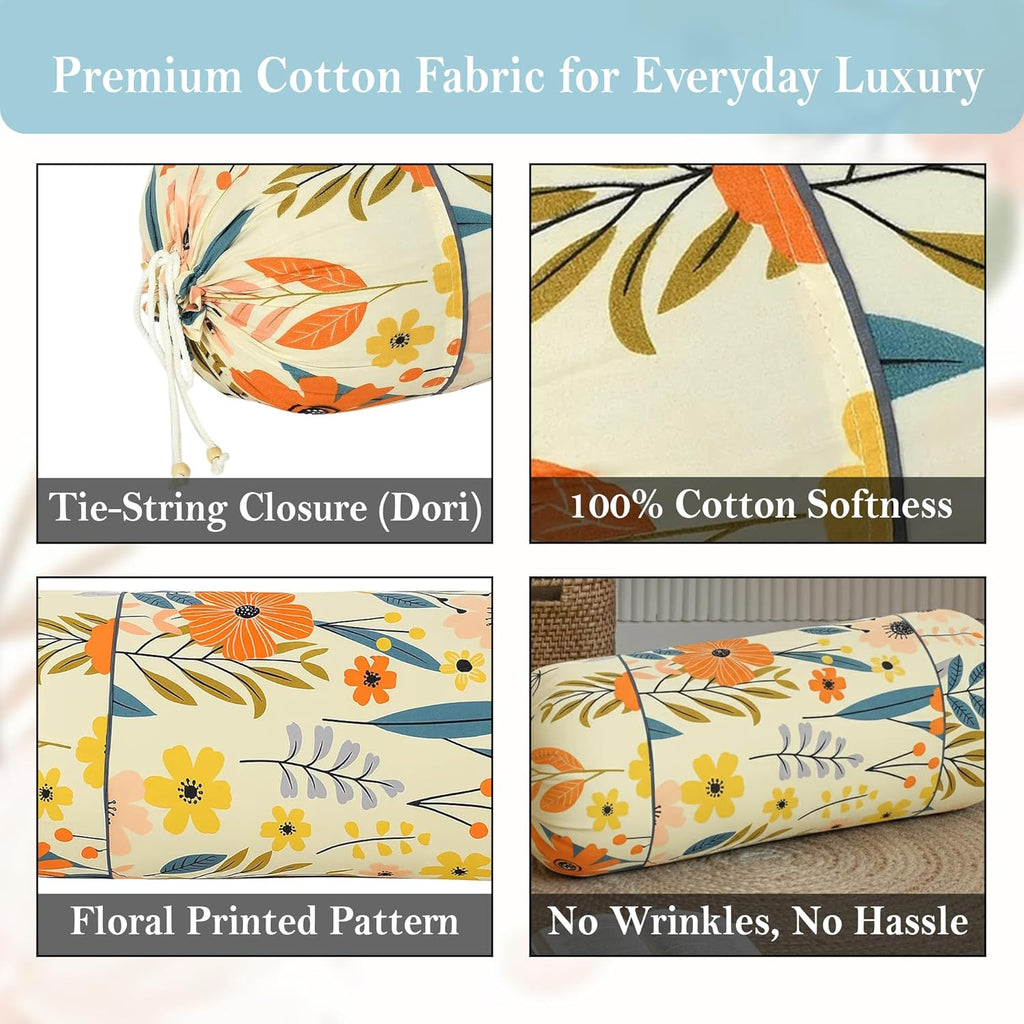 Flower Print Cotton Bolster Cover – Set of 2