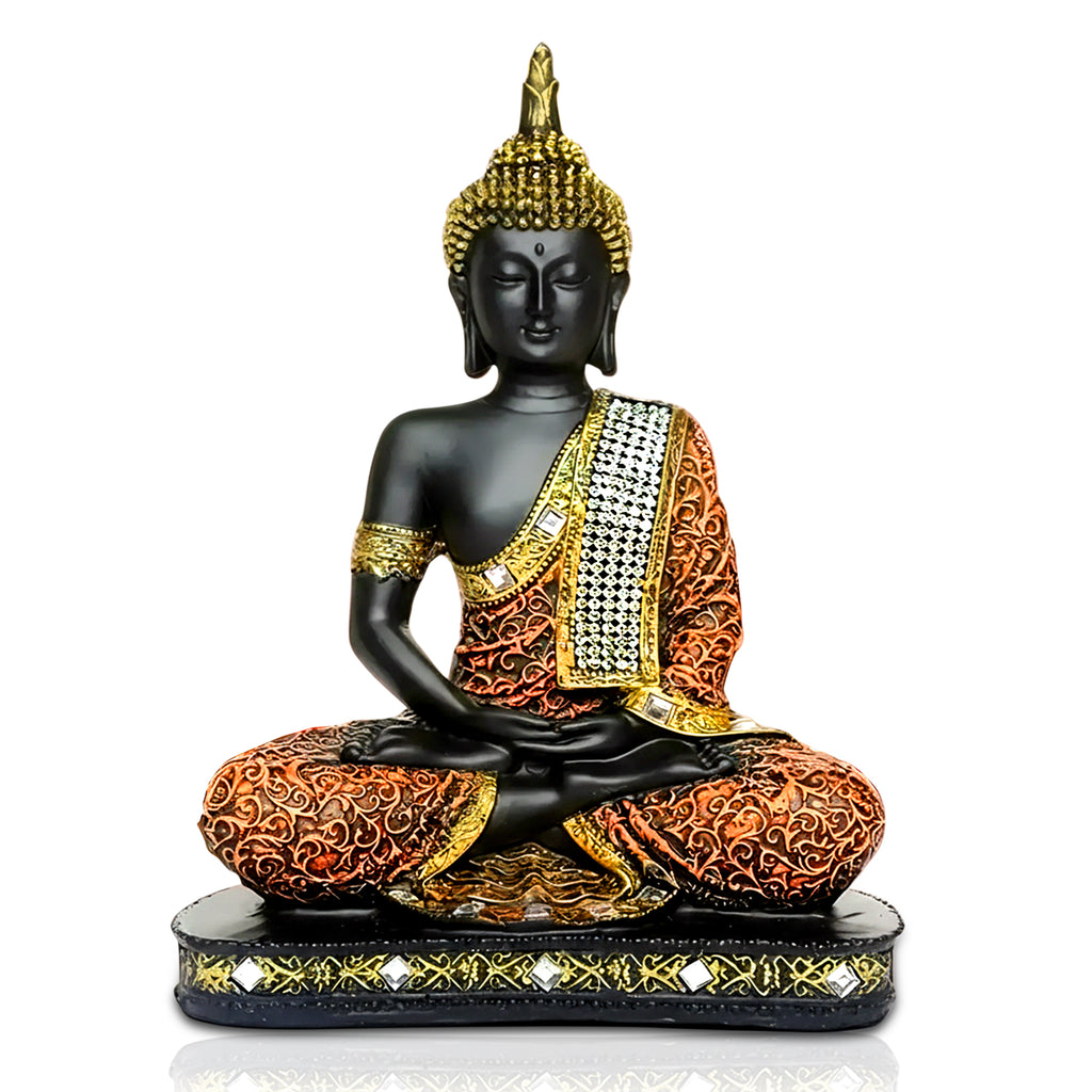 Meditating Buddha Statue for Home Decor | 25 cm Sitting Buddha Idol Showpiece for Living Room, Office & Gift | Orange & Black | Heavy Polyresin (1 Piece)