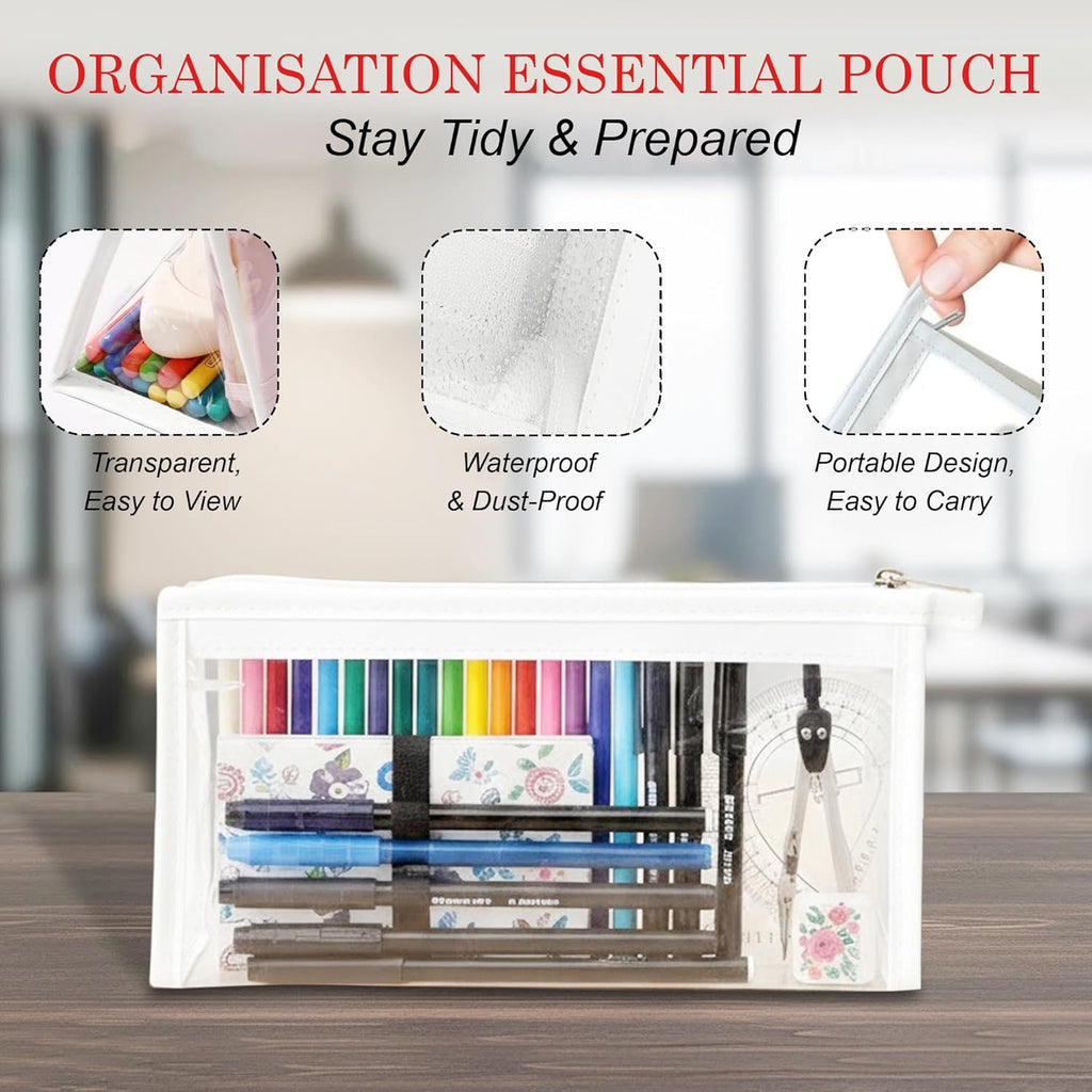 Transparent Stationery Pouch with Zipper – White | Multi-Purpose Storage Bag
