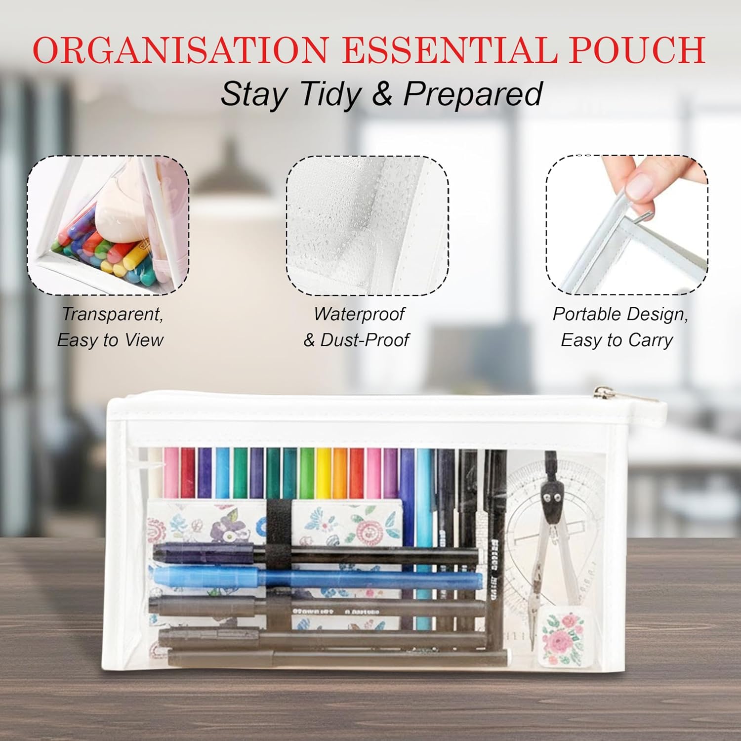 Transparent Stationery Pouch with Zipper – White | Multi-Purpose Storage Bag