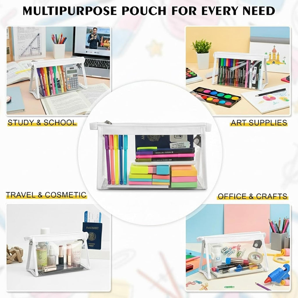 Transparent Stationery Pouch with Zipper – White | Multi-Purpose Storage Bag