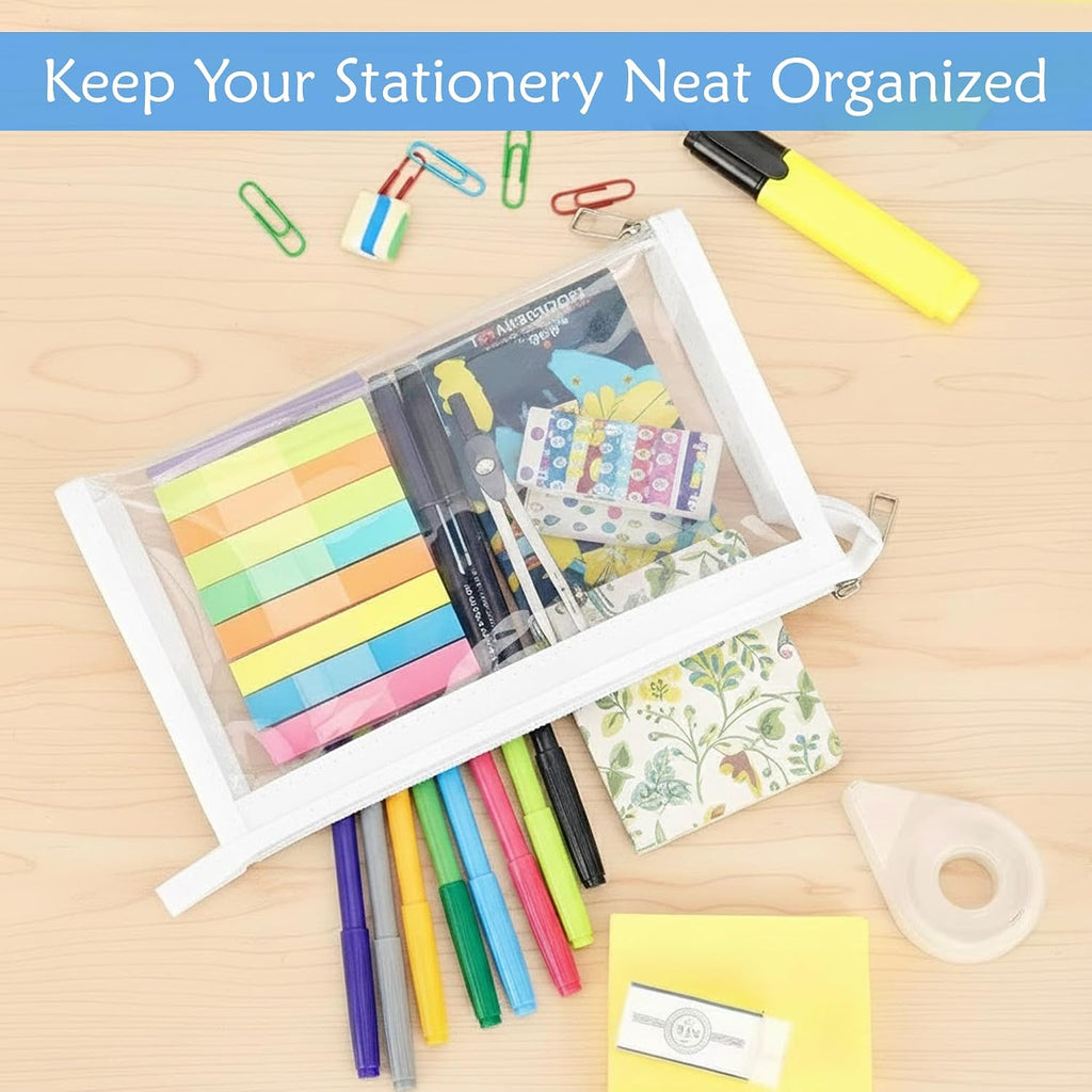 Transparent Stationery Pouch with Zipper – White | Multi-Purpose Storage Bag